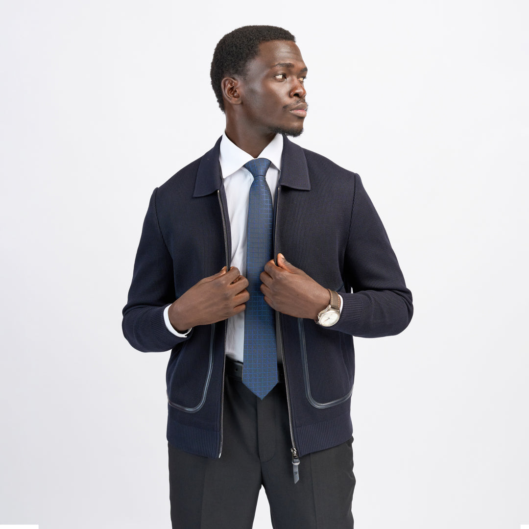Navy Blue Knit Bomber Jacket with Leather-Trim Pockets