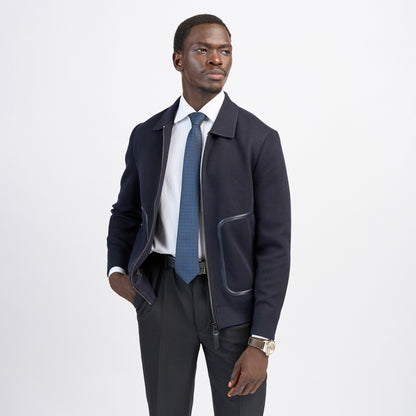 Navy Blue Knit Bomber Jacket with Leather-Trim Pockets