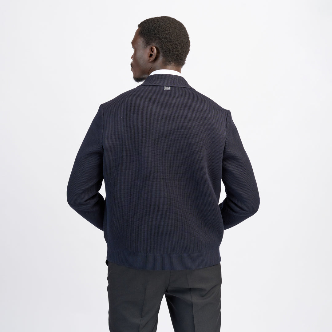 Navy Blue Knit Bomber Jacket with Leather-Trim Pockets
