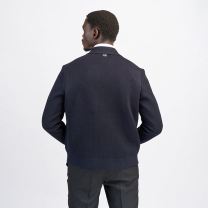 Navy Blue Knit Bomber Jacket with Leather-Trim Pockets