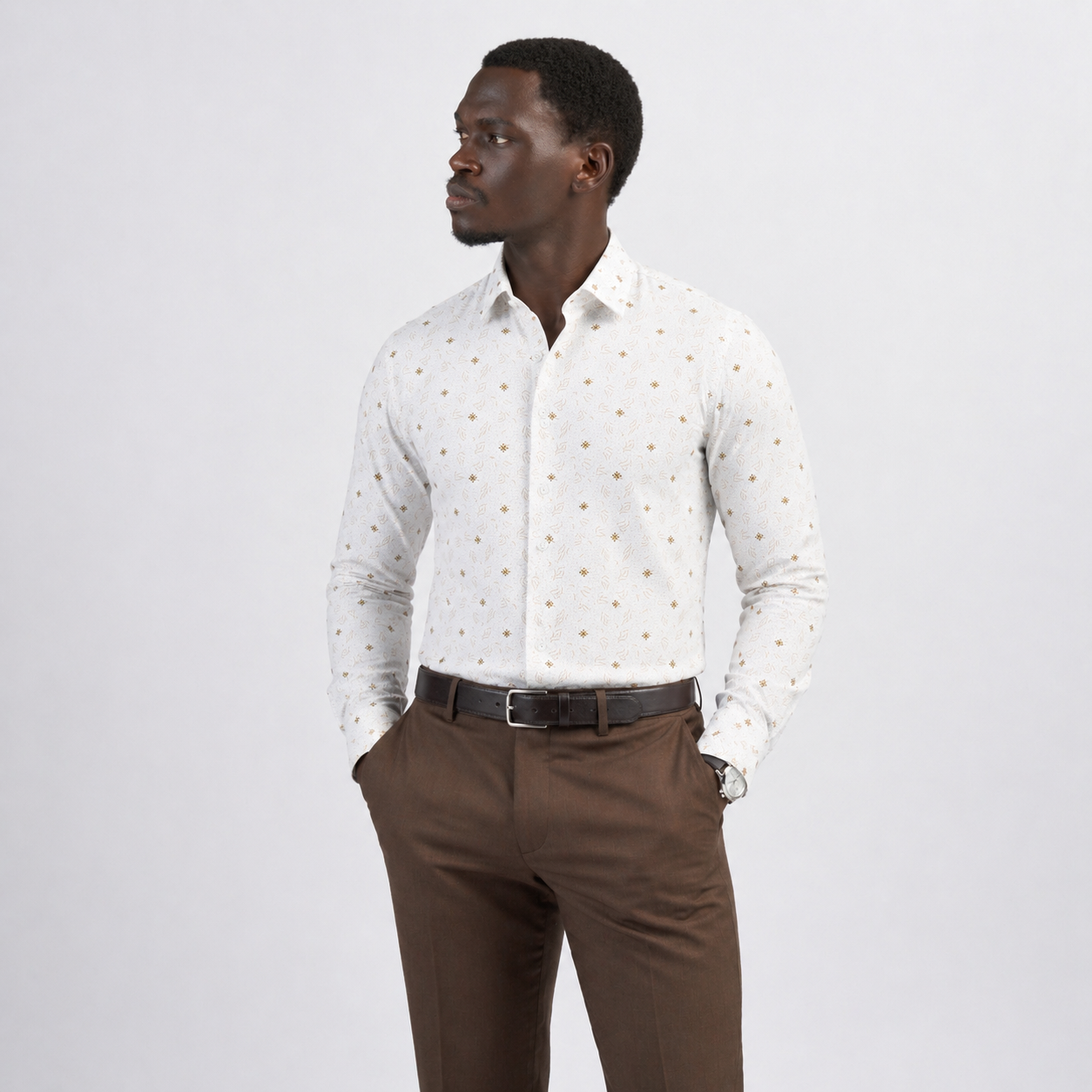 The Ivory Signature Floral Shirt — White & Gold Geometric