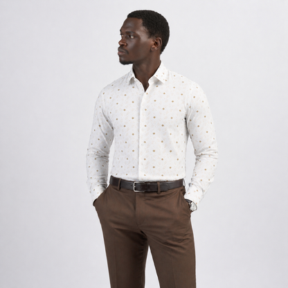 The Ivory Signature Floral Shirt — White & Gold Geometric
