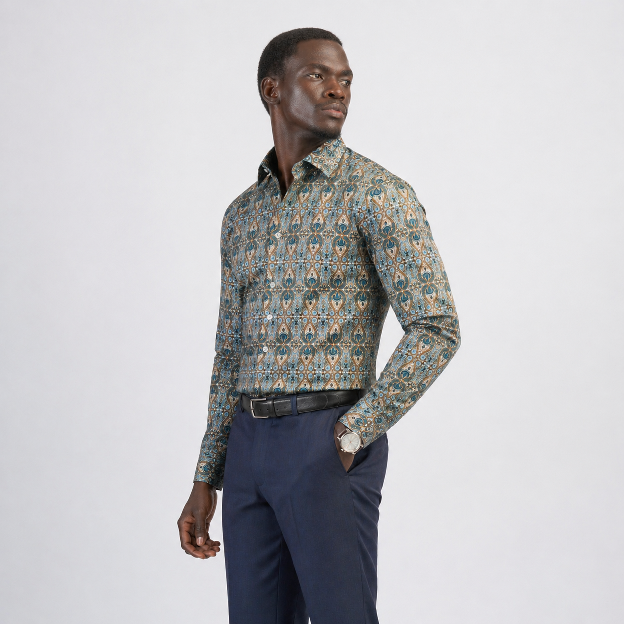 The Mosaic Printed Shirt — Teal & Gold Paisley