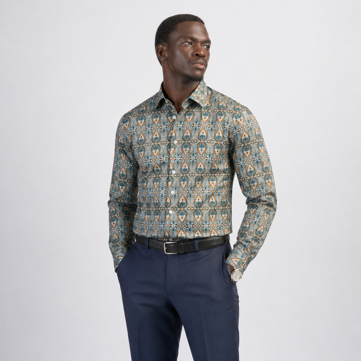 The Mosaic Printed Shirt — Teal & Gold Paisley